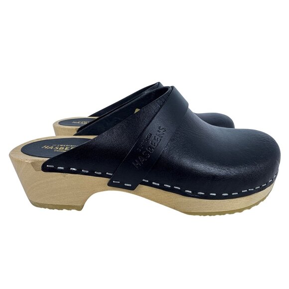 Swedish Hasbeens Women's Husband Black Leather Wooden Sole Clogs SZ EU 36 , US 6 - Picture 2 of 14